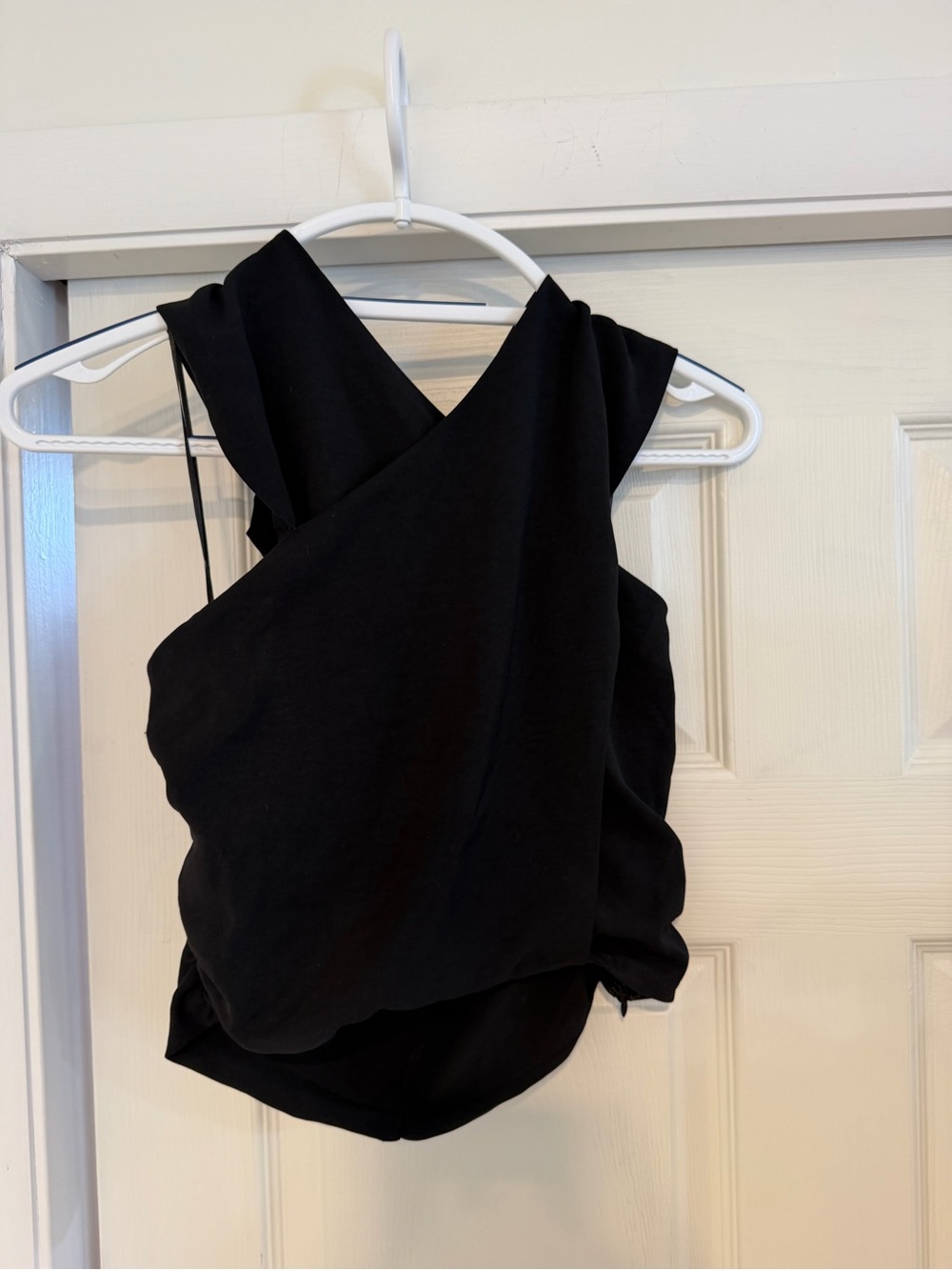 glam Black Cross Neck Draped Top size small- date night or girls night